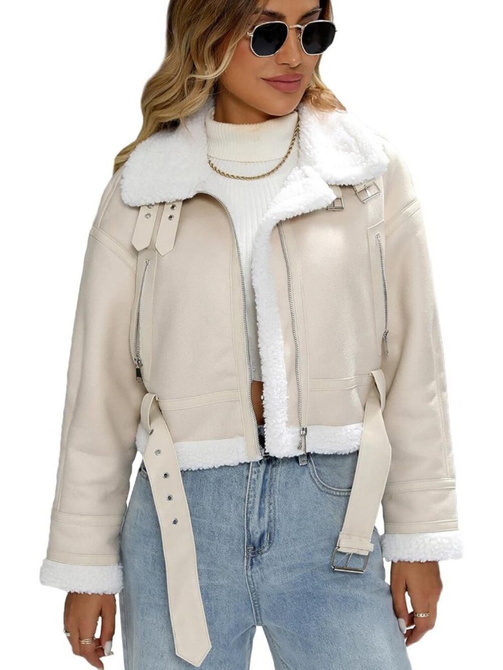 Women's Beige Polyester Faux Shearing Moto Thick Lined Winter Leather Jacket